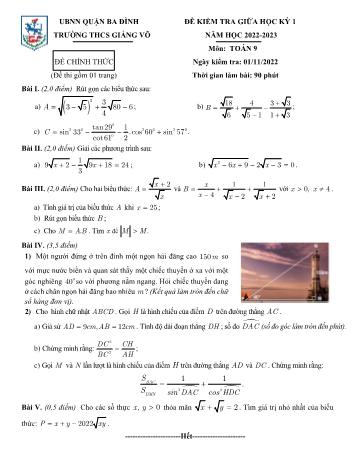 Đề kiểm tra giữa học kì 1 Toán Lớp 9 - Năm học 2022-2023 - Trường THCS Giảng Võ (Có hướng dẫn chấm)