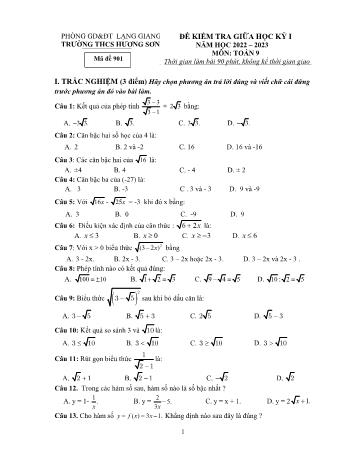 Đề kiểm tra giữa học kì 1 Toán Lớp 9 - Năm học 2022-2023 - Trường THCS Hương Sơn (Có hướng dẫn chấm)