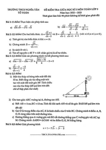 Đề kiểm tra giữa học kì 1 Toán Lớp 9 - Năm học 2022-2023 - Trường THCS Nghĩa Tân