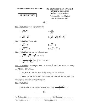 Đề kiểm tra giữa kì 1 Toán Lớp 9 - Đề 1 - Năm học 2022-2023 - Phòng GD&ĐT Bình Giang (Có hướng dẫn chấm)