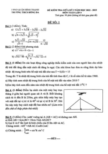Đề kiểm tra giữa kì 1 Toán Lớp 9 - Đề 1 - Năm học 2022-2023 - Trường THCS Đống Đa