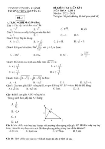 Đề kiểm tra giữa kì 1 Toán Lớp 9 - Đề 2 - Năm học 2022-2023 - Trường THCS Nguyễn Du