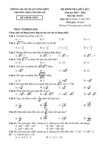 Đề kiểm tra giữa kì 1 Toán Lớp 9 - Năm học 2021-2022 - Trường THCS Thanh Am (Có đáp án)