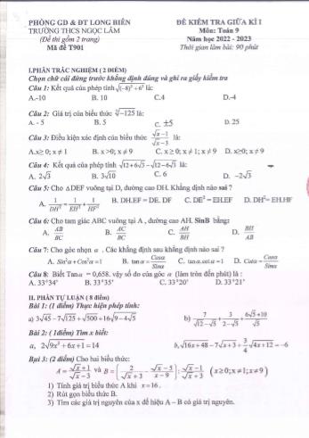 Đề kiểm tra giữa kì 1 Toán Lớp 9 - Năm học 2022-2023 - Trường THCS Ngọc Lâm