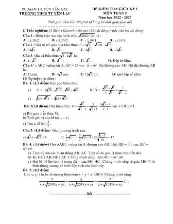 Đề kiểm tra giữa kì 1 Toán Lớp 9 - Năm học 2022-2023 - Trường THCS Thị trấn Yên Lạc (Có hướng dẫn chấm)