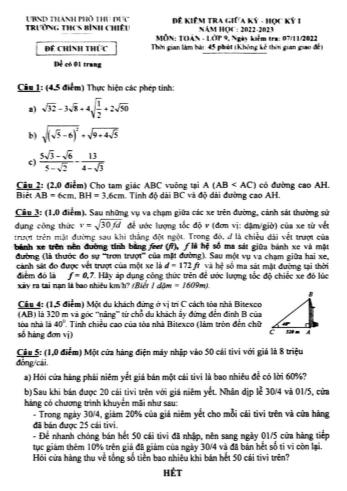 Đề kiểm tra giữa kì 1 Toán Lớp 9 - Năm học 2022-2023 - Trường THCS Bình Chiểu
