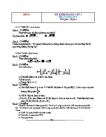 Đề kiểm tra học kì 1 môn Toán Lớp 9 - Đề 10 (Có đáp án)