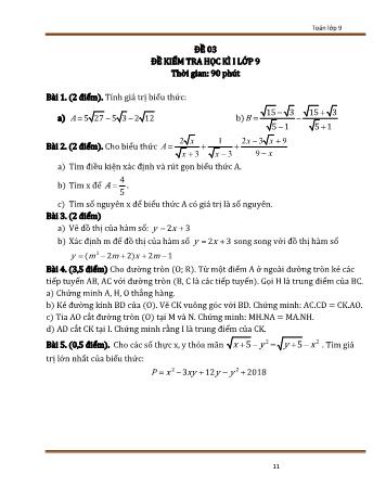 Đề kiểm tra học kì 1 Toán Lớp 9 - Đề 03 (Có đáp án)