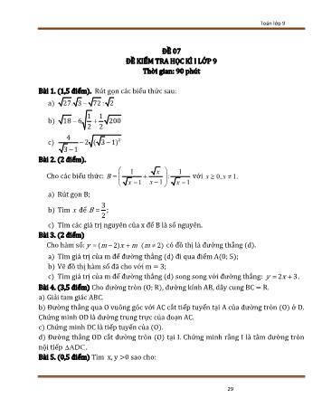 Đề kiểm tra học kì 1 Toán Lớp 9 - Đề 07 (Có đáp án)