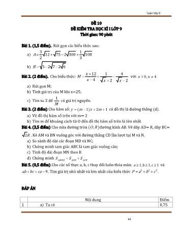 Đề kiểm tra học kì 1 Toán Lớp 9 - Đề 10 (Có đáp án)