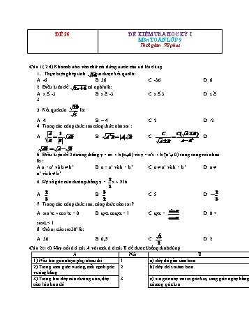 Đề kiểm tra học kì 1 Toán Lớp 9 - Đề 26 (Có đáp án)