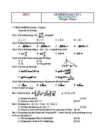 Đề kiểm tra học kì 1 Toán Lớp 9 - Đề 27 (Có đáp án)