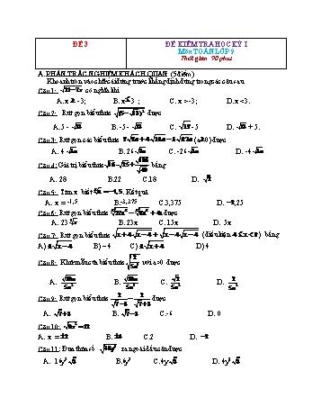 Đề kiểm tra học kì 1 Toán Lớp 9 - Đề 3 (Có đáp án)