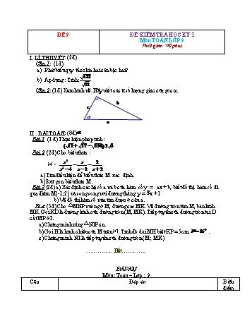 Đề kiểm tra học kì 1 Toán Lớp 9 - Đề 9 (Có đáp án)