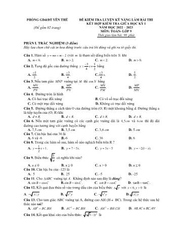 Đề kiểm tra rèn luyện kỹ năng làm bài thi kết hợp kiểm tra giữa kì 1 Toán Lớp 9 - Năm học 2022-2023 - Phòng GD&ĐT Yên Thế