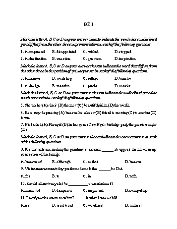 Đề thi giữa học kì 1 Tiếng Anh Lớp 9 - Đề 1 - Năm học 2021-2022 (Có đáp án)