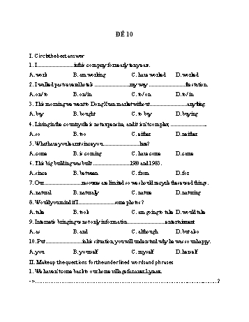 Đề thi giữa học kì 1 Tiếng Anh Lớp 9 - Đề 10 - Năm học 2021-2022 (Có đáp án)