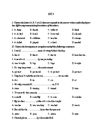 Đề thi giữa học kì 1 Tiếng Anh Lớp 9 - Đề 9 - Năm học 2021-2022 (Có đáp án)