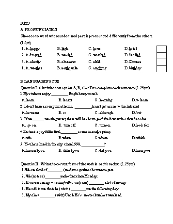 Đề thi học kì 2 Tiếng Anh Lớp 9 - Đề 23 - Năm học 2022-2023 (Có đáp án)