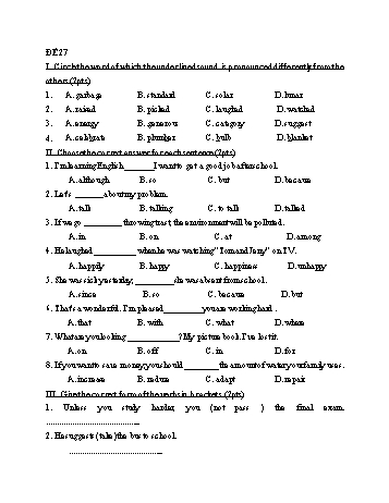 Đề thi học kì 2 Tiếng Anh Lớp 9 - Đề 27 - Năm học 2022-2023 (Có đáp án)