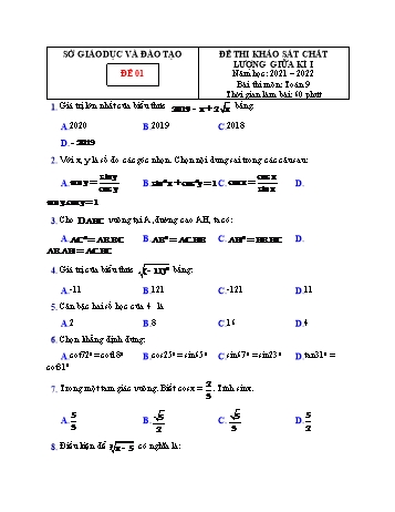 Đề thi khảo sát chất lượng giữa kì 1 Toán Lớp 9 - Đề 01 - Năm học 2021-2022 (Có đáp án)