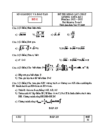 Đề thi khảo sát chất lượng giữa kì 1 Toán Lớp 9 - Đề 02 - Năm học 2021-2022 (Có đáp án)