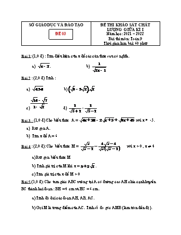 Đề thi khảo sát chất lượng giữa kì 1 Toán Lớp 9 - Đề 03 - Năm học 2021-2022 (Có đáp án)