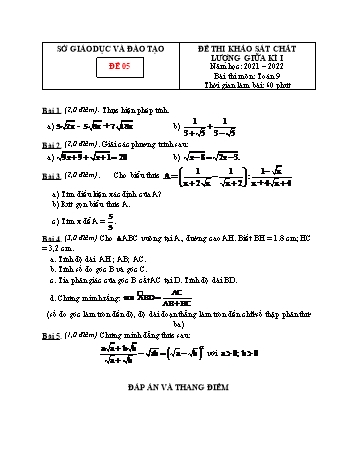 Đề thi khảo sát chất lượng giữa kì 1 Toán Lớp 9 - Đề 05 - Năm học 2021-2022 (Có đáp án)