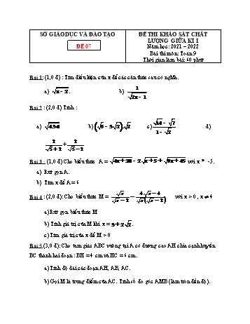 Đề thi khảo sát chất lượng giữa kì 1 Toán Lớp 9 - Đề 07 - Năm học 2021-2022 (Có đáp án)