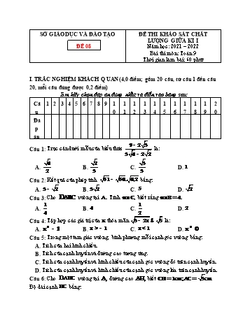 Đề thi khảo sát chất lượng giữa kì 1 Toán Lớp 9 - Đề 08 - Năm học 2021-2022 (Có đáp án)