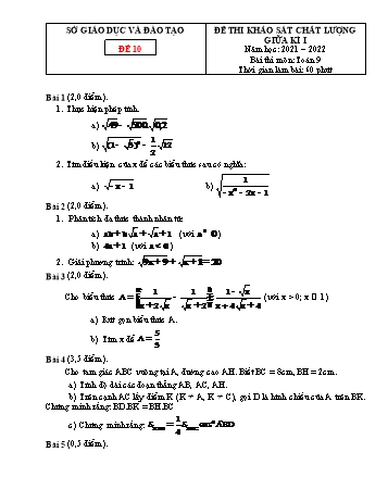 Đề thi khảo sát chất lượng giữa kì 1 Toán Lớp 9 - Đề 10 - Năm học 2021-2022 (Có đáp án)
