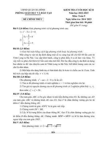 Kiểm tra cuối học kì 2 Toán Lớp 9 - Năm học 2022-2023 - Phòng GD&ĐT Ba Đình (Có hướng dẫn chấm)