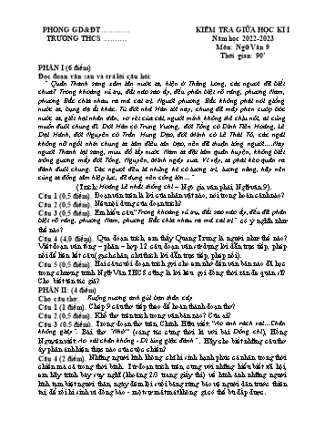 Kiểm tra giữa học kì 1 Ngữ văn Lớp 9 - Năm học 2022-2023 (Có hướng dẫn chấm)