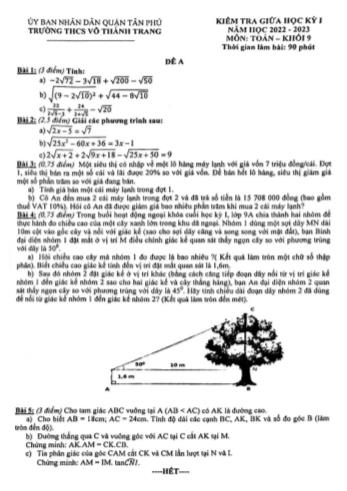 Kiểm tra giữa học kì 1 Toán Lớp 9 - Đề A - Năm học 2022-2023 - Trường THCS Võ Thành Trang