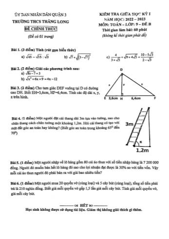 Kiểm tra giữa học kì 1 Toán Lớp 9 - Đề B - Năm học 2022-2023 - Trường THCS Thăng Long