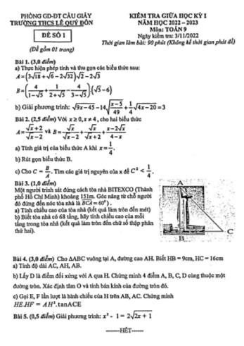 Kiểm tra giữa học kì 1 Toán Lớp 9 - Đề số 1 - Năm học 2022-2023 - Trường THCS Lê Quý Đôn