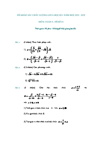 Đề khảo sát chất lượng giữa học kì 1 Toán Lớp 9 - Đề số 1 - Năm học 2021-2022