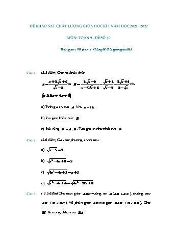 Đề khảo sát chất lượng giữa học kì 1 Toán Lớp 9 - Đề số 10 - Năm học 2021-2022