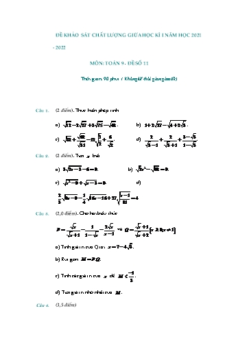 Đề khảo sát chất lượng giữa học kì 1 Toán Lớp 9 - Đề số 11 - Năm học 2021-2022
