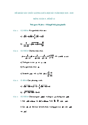 Đề khảo sát chất lượng giữa học kì 1 Toán Lớp 9 - Đề số 12 - Năm học 2021-2022
