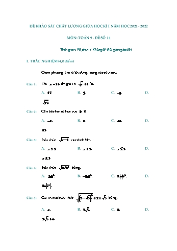 Đề khảo sát chất lượng giữa học kì 1 Toán Lớp 9 - Đề số 14 - Năm học 2021-2022