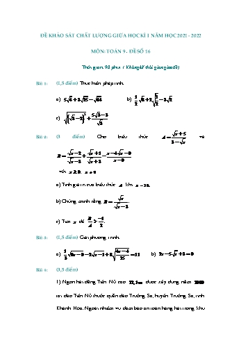 Đề khảo sát chất lượng giữa học kì 1 Toán Lớp 9 - Đề số 16 - Năm học 2021-2022