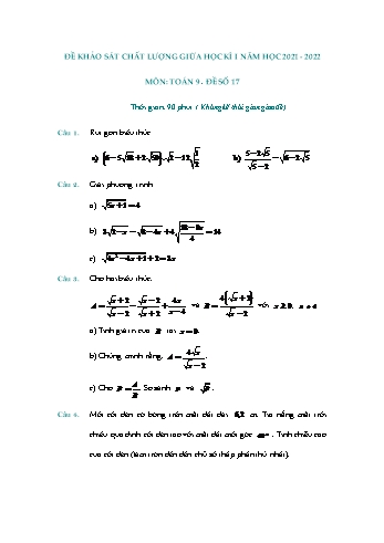 Đề khảo sát chất lượng giữa học kì 1 Toán Lớp 9 - Đề số 17 - Năm học 2021-2022