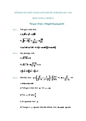 Đề khảo sát chất lượng giữa học kì 1 Toán Lớp 9 - Đề số 2 - Năm học 2021-2022