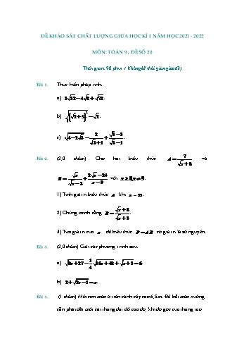 Đề khảo sát chất lượng giữa học kì 1 Toán Lớp 9 - Đề số 20 - Năm học 2021-2022