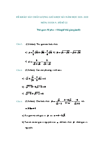 Đề khảo sát chất lượng giữa học kì 1 Toán Lớp 9 - Đề số 22 - Năm học 2021-2022