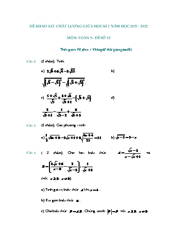 Đề khảo sát chất lượng giữa học kì 1 Toán Lớp 9 - Đề số 23 - Năm học 2021-2022