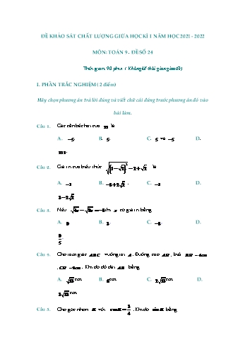 Đề khảo sát chất lượng giữa học kì 1 Toán Lớp 9 - Đề số 24 - Năm học 2021-2022