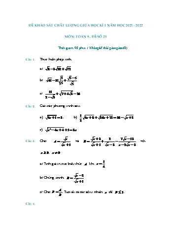 Đề khảo sát chất lượng giữa học kì 1 Toán Lớp 9 - Đề số 25 - Năm học 2021-2022