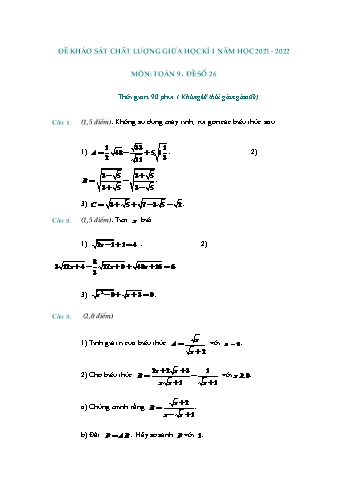 Đề khảo sát chất lượng giữa học kì 1 Toán Lớp 9 - Đề số 26 - Năm học 2021-2022